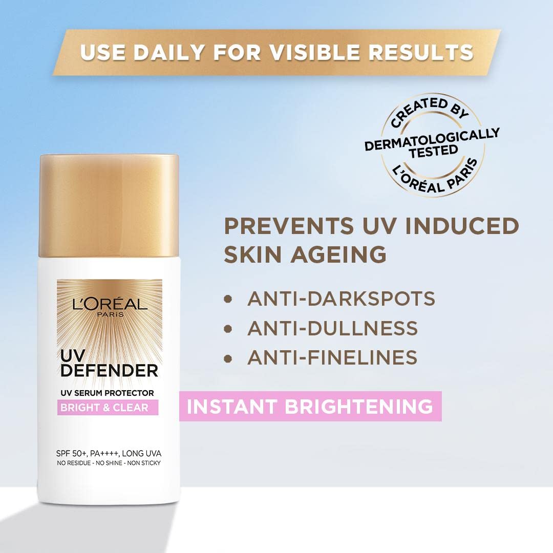 L'Oréal Paris Sunscreen, Non-Greasy, Brightening Sunscreen With Niacinamide, UVA & UVB Protection, With SPF 50 PA+++, Bright & Clear, UV Defender Serum Protector, 50 ml – view 2