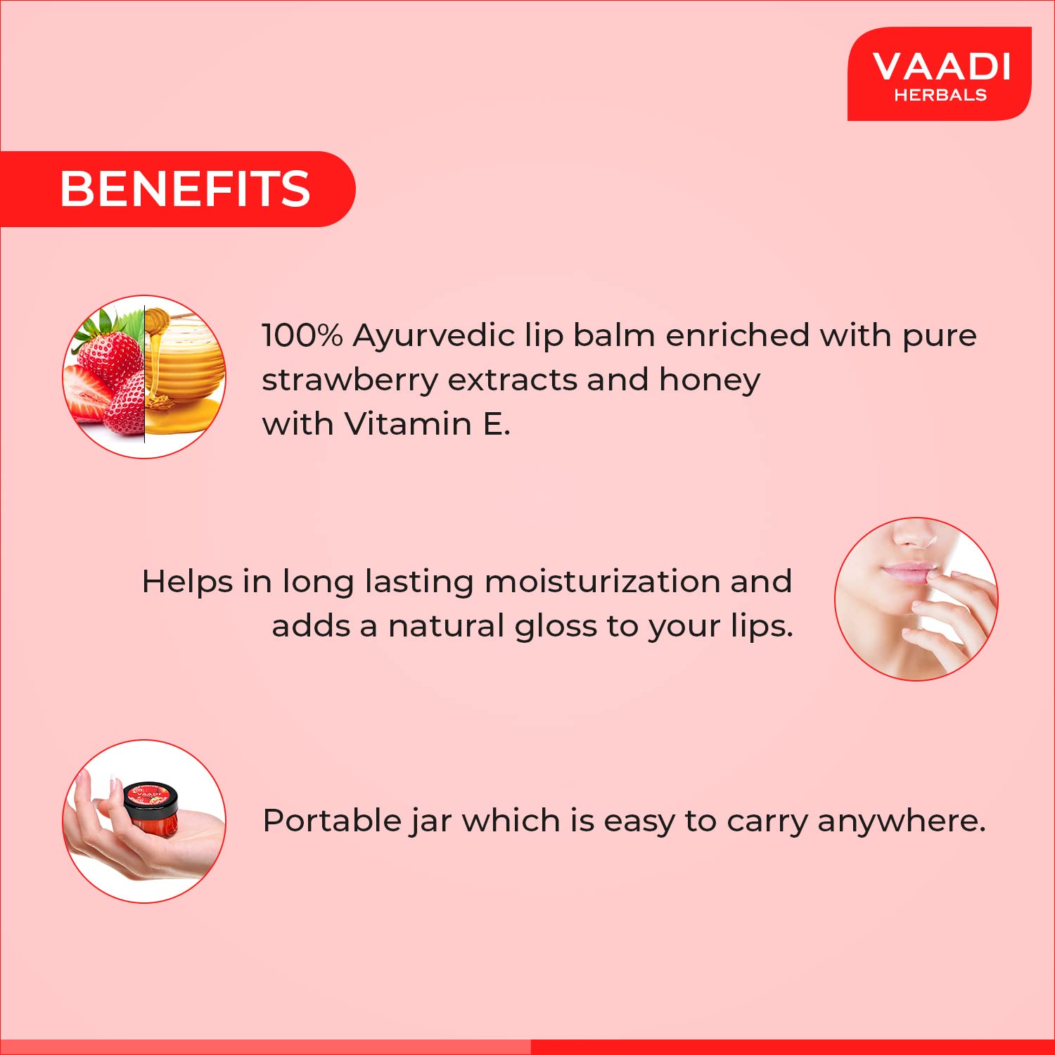 Vaadi Herbals Lip Balm, Strawberry and Honey, 10g – view 3