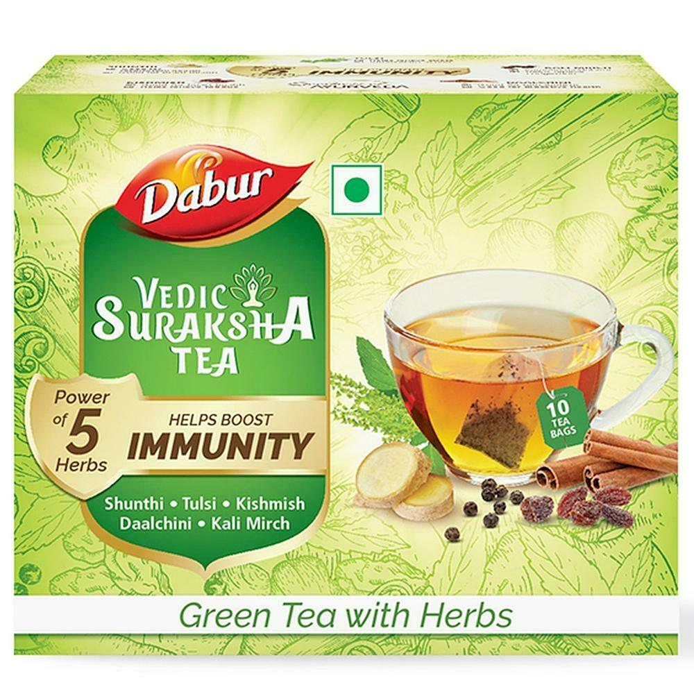 Front pack of Dabur Vedic Suraksha herbal green tea