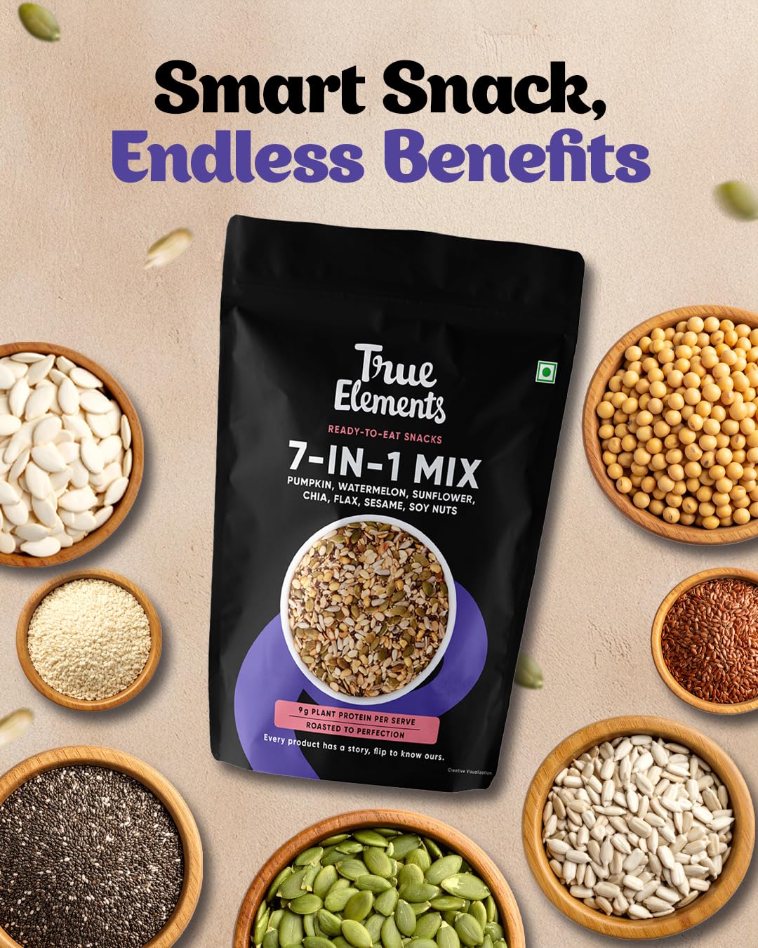 True Elements 7 in 1 Super Seeds & Nut Mix 125g - Pumpkin, Watermelon, Sunflower, Flax, Sesame, Chia Seeds & Soynuts – view 2