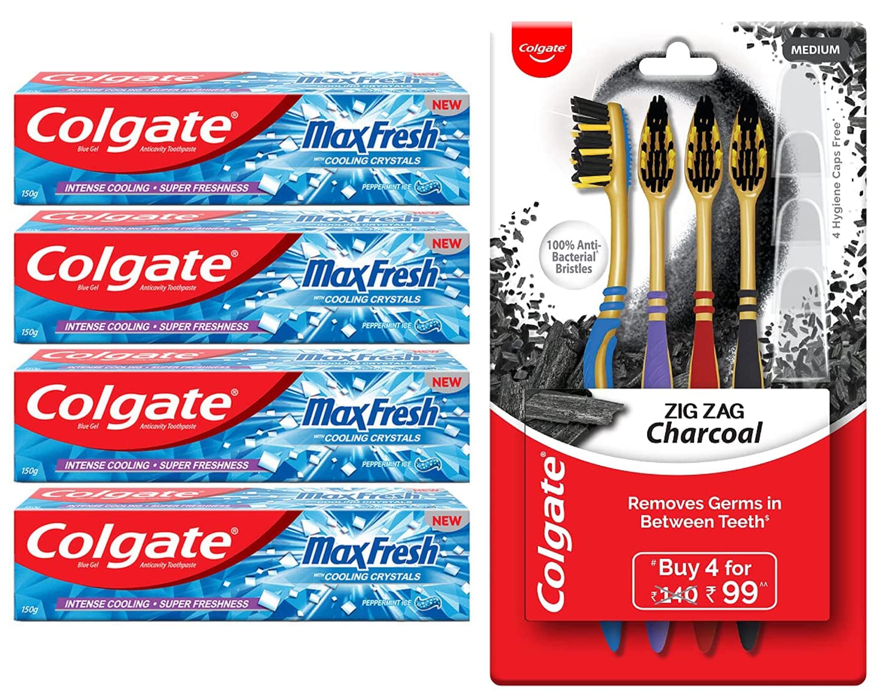 Four Colgate MaxFresh toothpaste tubes with four ZigZag charcoal toothbrushes