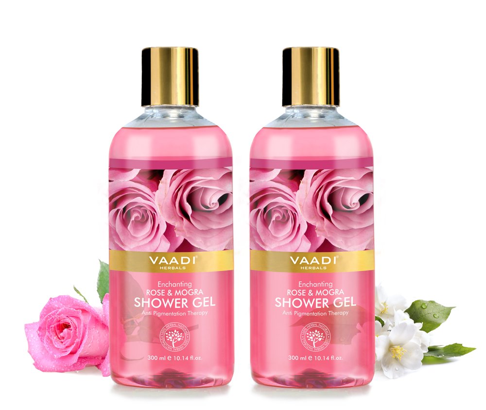 Two tubes of Vaadi Herbals rose and mogra shower gel