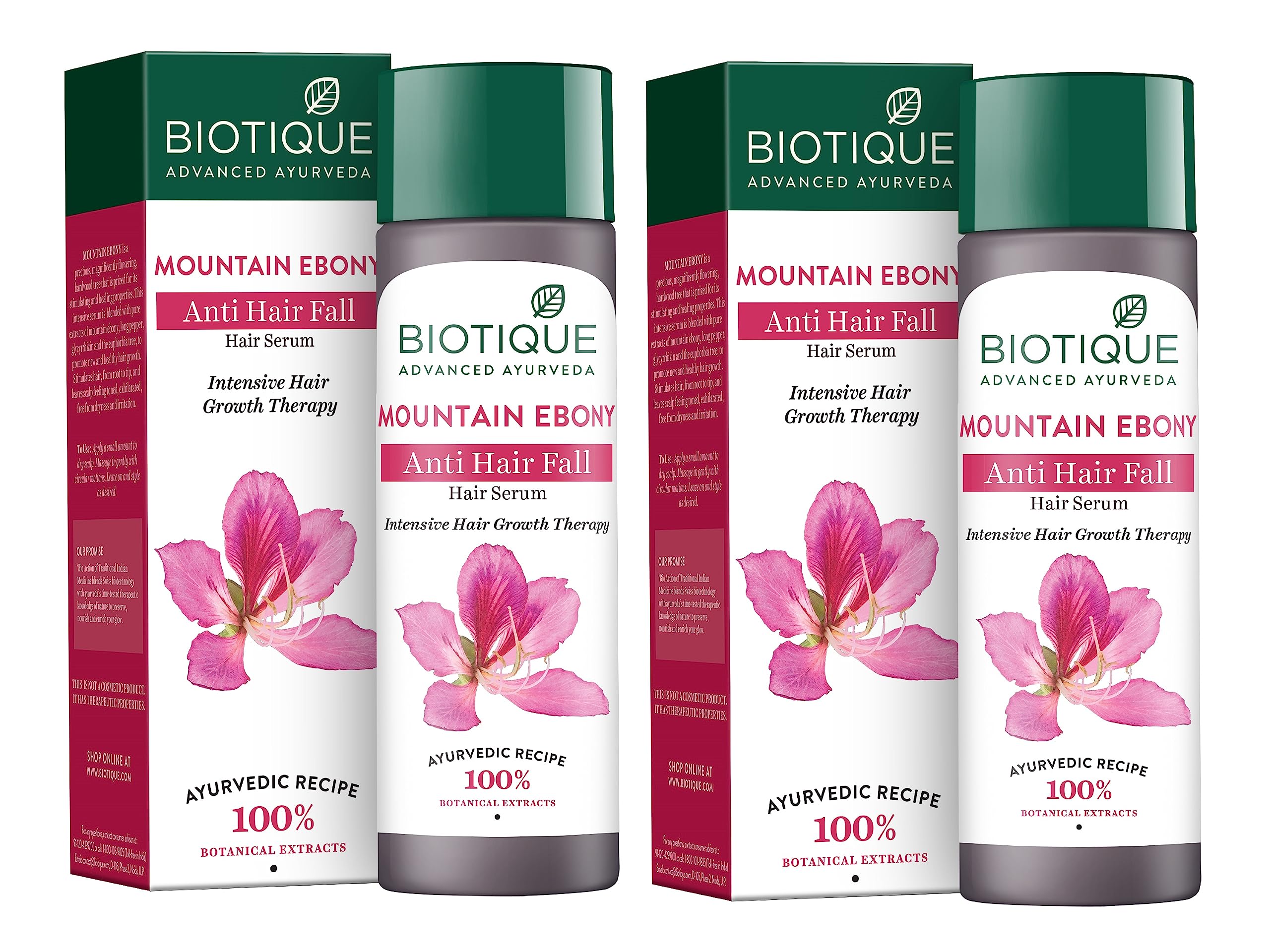Two Biotique Mountain Ebony hair serum bottles for scalp care