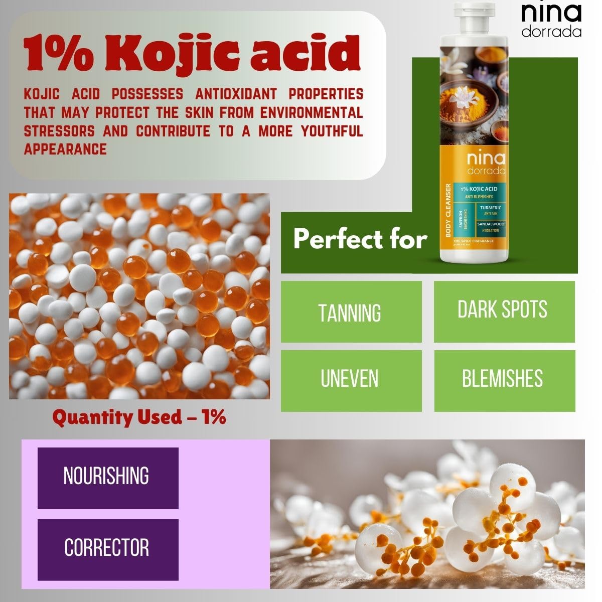 nina dorada De-Tan 1% Kojic Acid Body Wash with Turmeric and Saffron – view 3