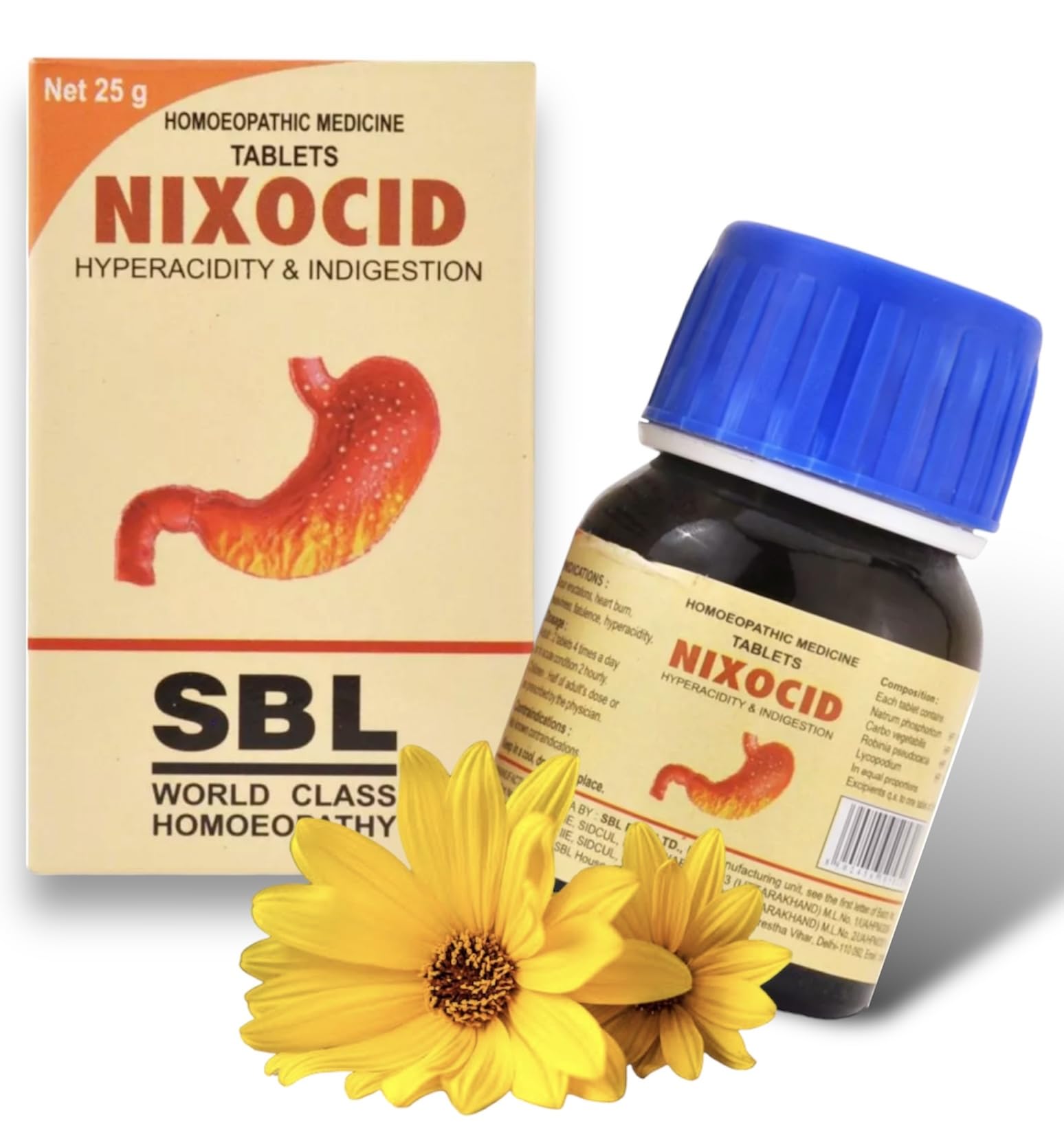 Bottle of SBL Nixocid homeopathy tablets 25g on white background