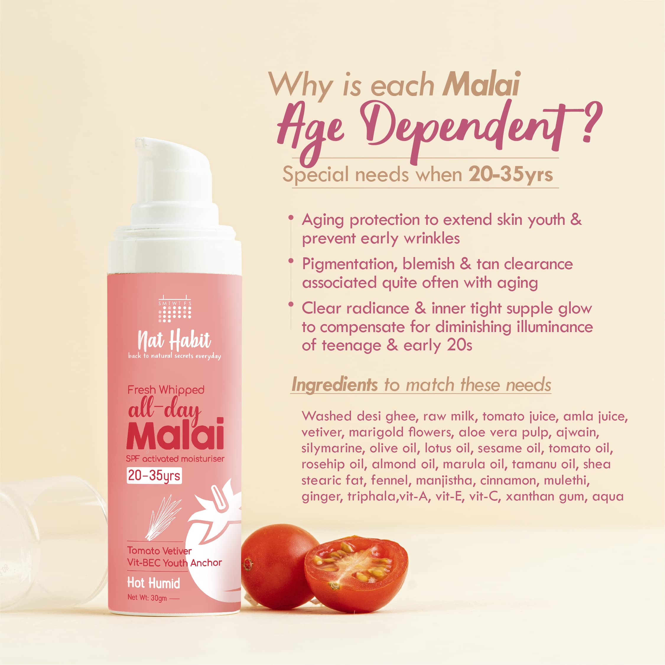 Nat Habit All Day Face Cream, Fresh Whipped Tomato Vetiver Face Malai, Vitamins B, E & C - Youth Anchor For Hot Humid Weather Moisturization & Sun Protection (Ages 20-35 yrs, 30g) – view 5
