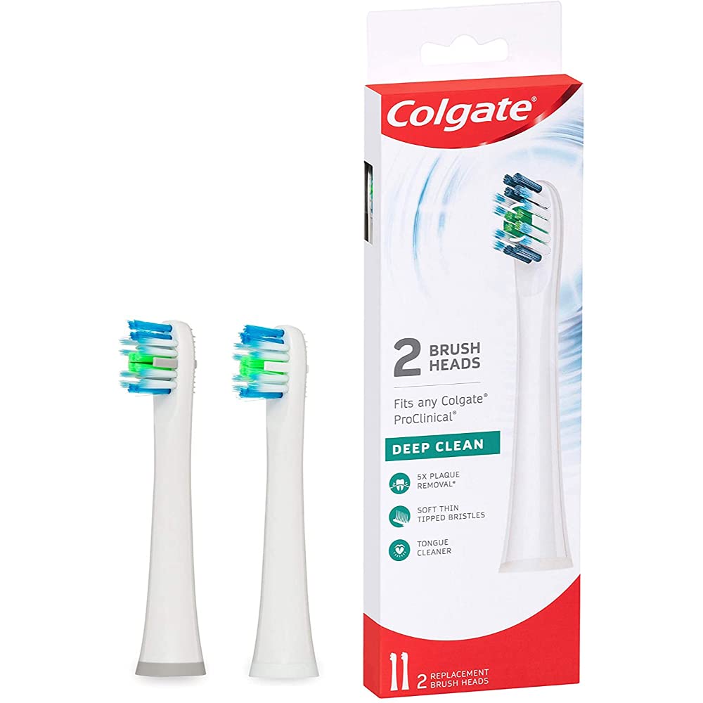 Two Colgate ProClinical 150 adult toothbrush refill heads in white