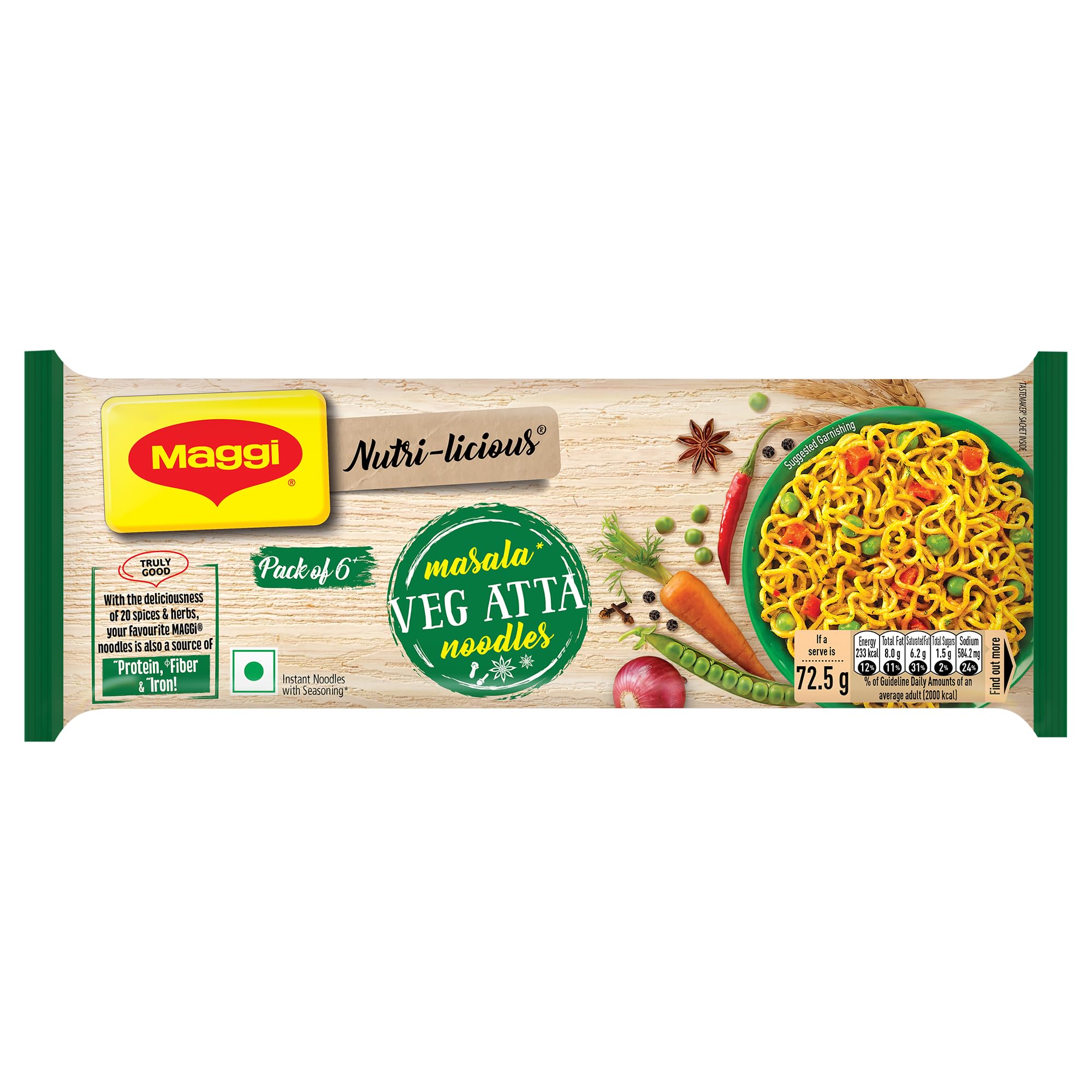MAGGI Nutri-Licious Veg Atta Masala Noodles, Instant Noodles With 20 Spices & Herbs, Source Of Fibre & Iron, Atta Noodles With Appetizing Aroma & Delicious Taste, 435 Grams