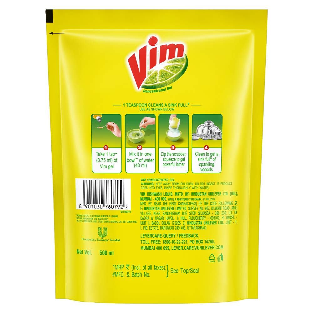 Vim Dishwash Liquid Gel Lemon, With Lemon Fragrance, Leaves No Residue, Grease Cleaner For All Utensils, 500 ml Refill Pouch – view 3