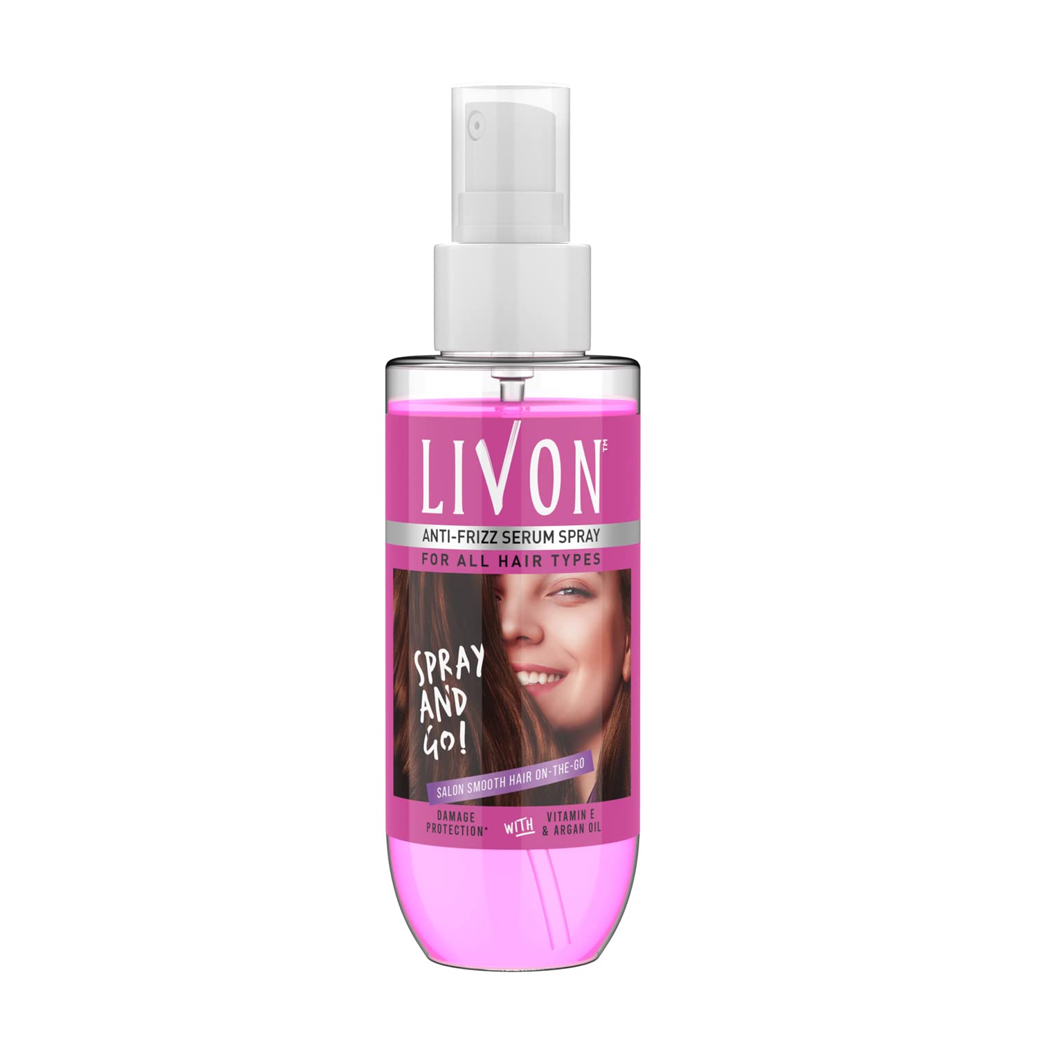 Travel-size Livon hair serum spray bottle for frizz control and shine