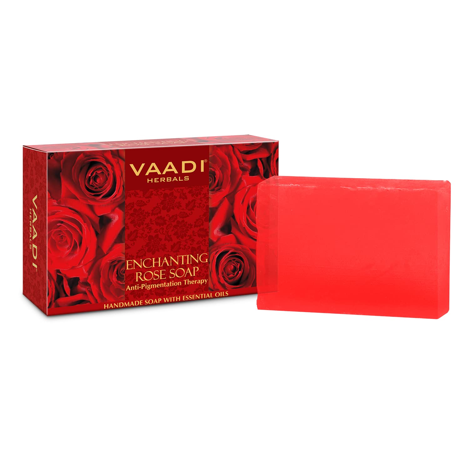 75g Vaadi Herbals enchanting rose soap packaging and bar