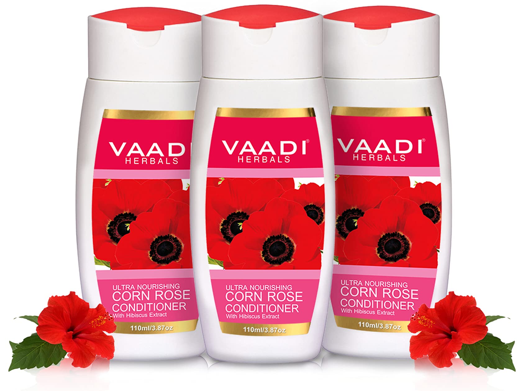 Three bottles of Vaadi Herbals corn rose hibiscus conditioner