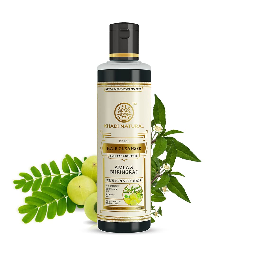 Front view of Khadi Natural Amla and Bhringraj shampoo bottle