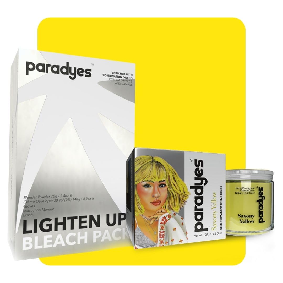 Paradyes Semi-permanent Saxony Yellow DIY Conditioner Based Hair Colour 120 gm and Lighten Up! Bleach Pack 30 Vol. for all Hair Types – view 1