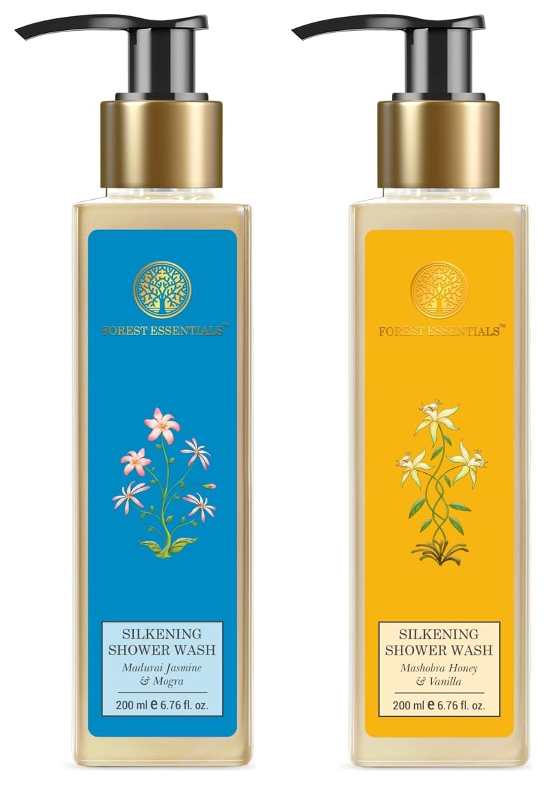 Forest Essentials shower wash combo bottles in two fragrance variants