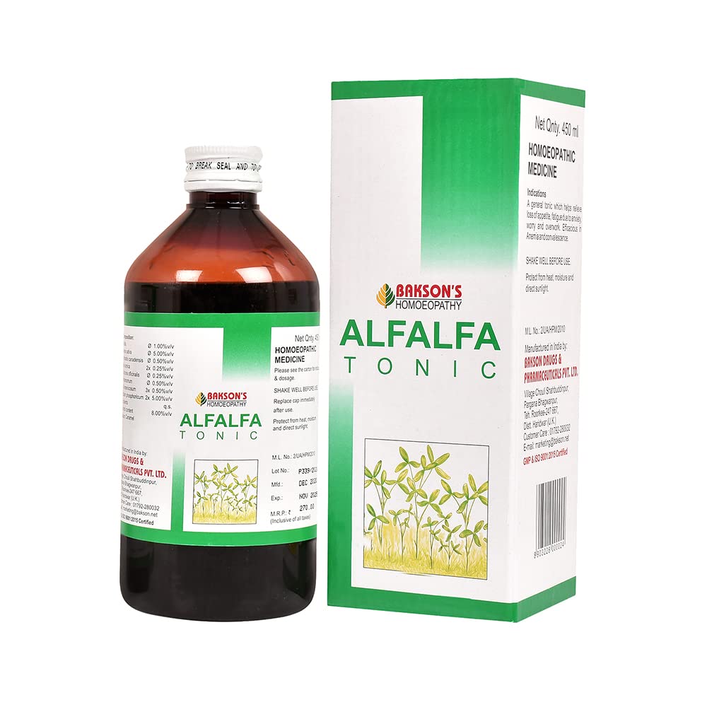 Bakson's homoeopathy Alfalfa Tonic Syrup 450ml packaging bottle