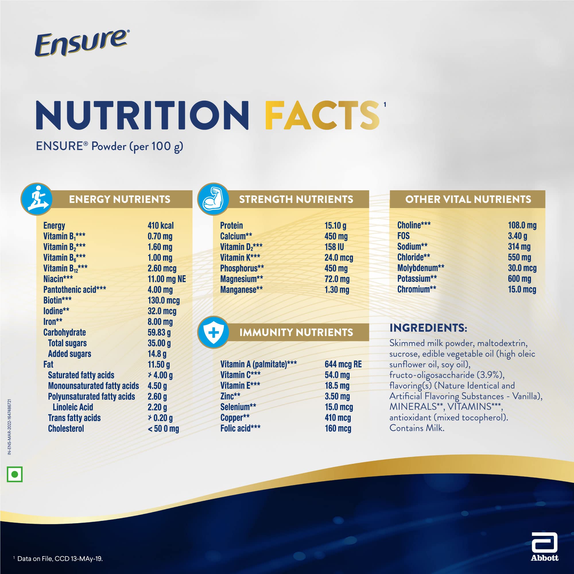 Ensure No 1 Nutritional Supplement Drink in the world 32 nutrients High Protein,Calcium,Vit D, Vanilla 400g/375g, Wt may vary – view 6