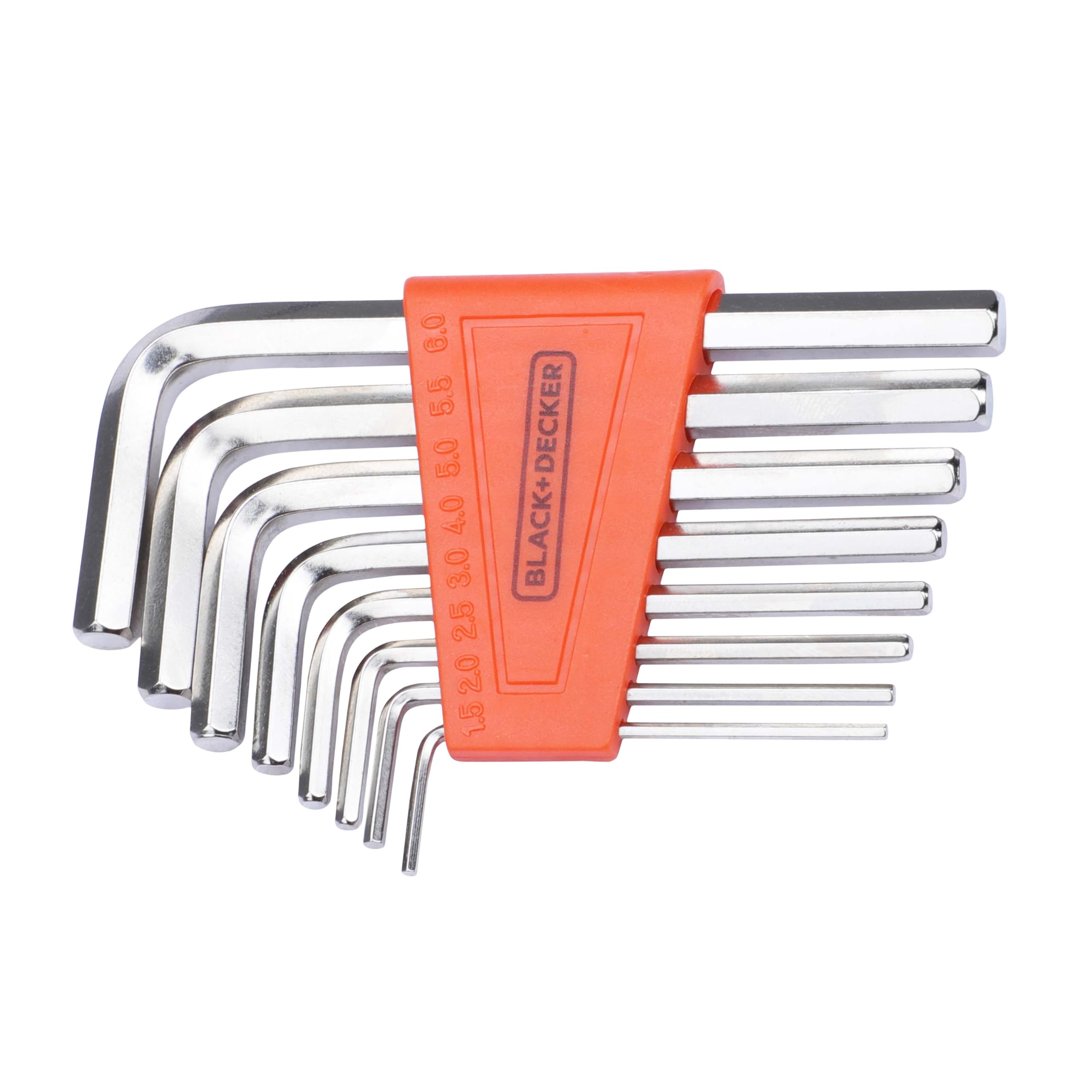 Orange and black BLACK+DECKER alloy steel hex keys in holder