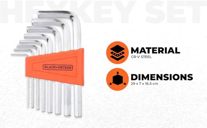 BLACK+DECKER BDHT81593 8-Piece Steel Hexkey Set Ideal for Repair & Maintenance for Home & DIY Use -1.5, 2, 2.5, 3, 4, 5, 5.5, 6 mm, 6 Months Warranty, ORANGE & BLACK – view 2