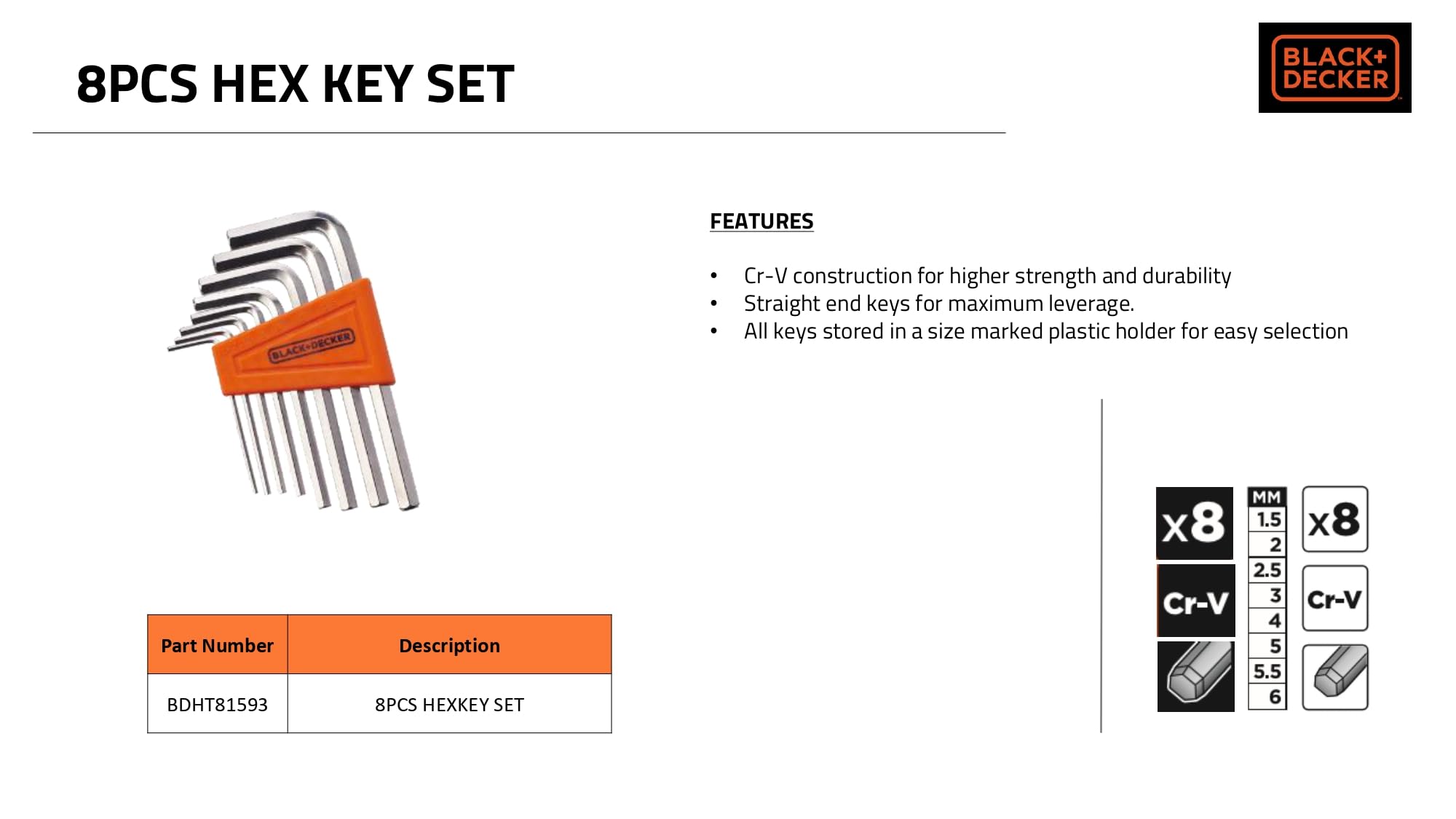 BLACK+DECKER BDHT81593 8-Piece Steel Hexkey Set Ideal for Repair & Maintenance for Home & DIY Use -1.5, 2, 2.5, 3, 4, 5, 5.5, 6 mm, 6 Months Warranty, ORANGE & BLACK – view 4