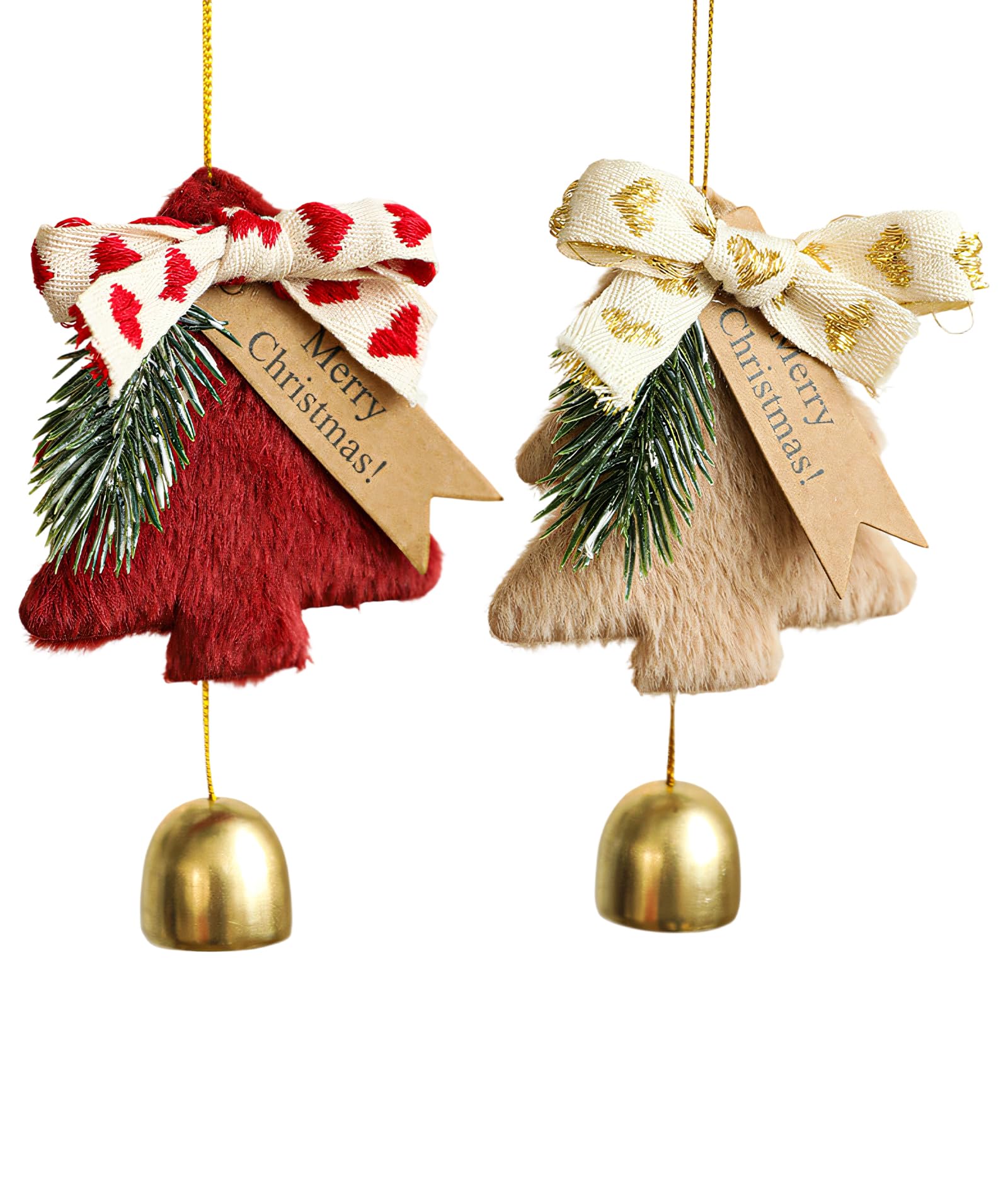 Two traditional Christmas bell decorations in red and khaki