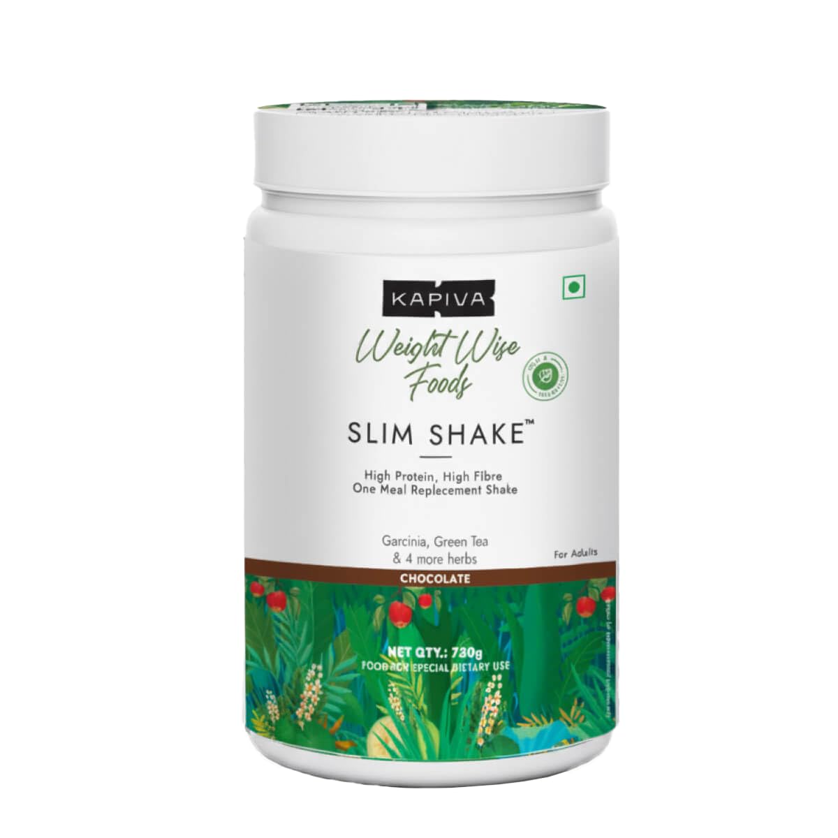 Kapiva chocolate meal replacement shake powder container front view