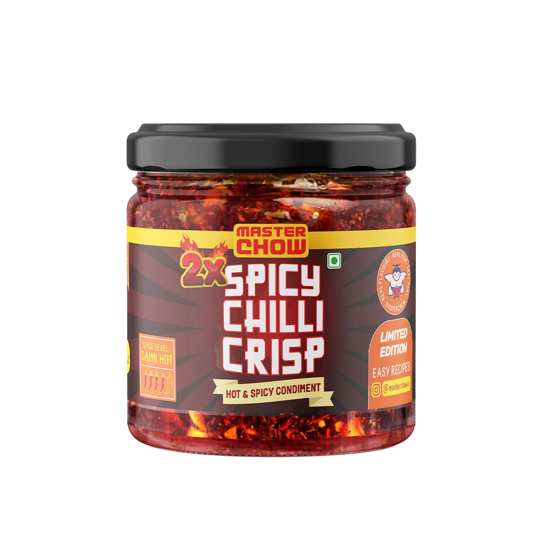 Jar of MasterChow 2X chilli garlic crisp with crunchy chilli oil