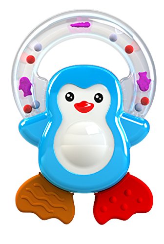Colorful penguin baby teether rattle with textured chew surfaces