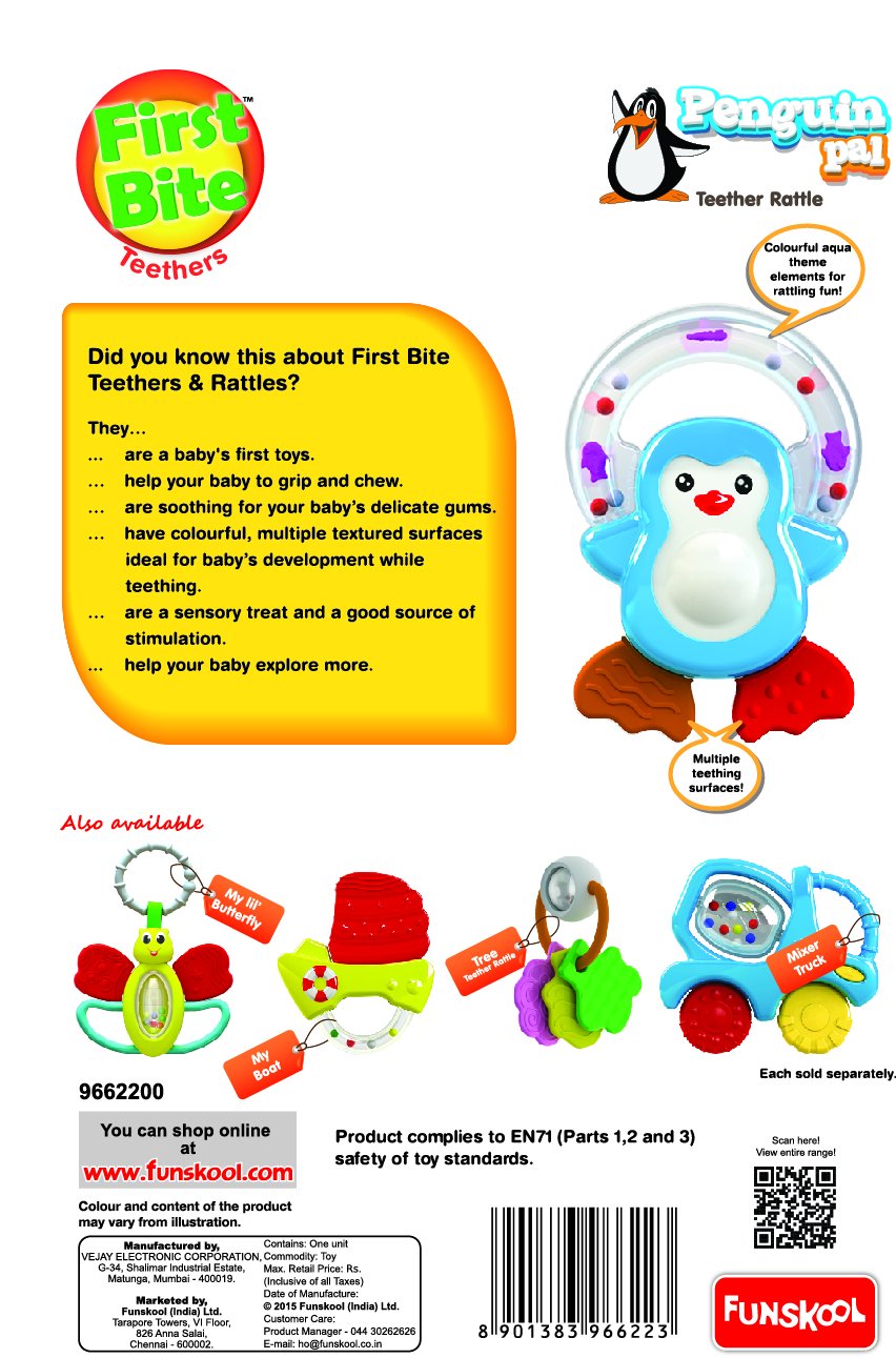 Giggles Funskool, Penguin Pal Teether Rattle, Multi Color, 3 Months + – view 3
