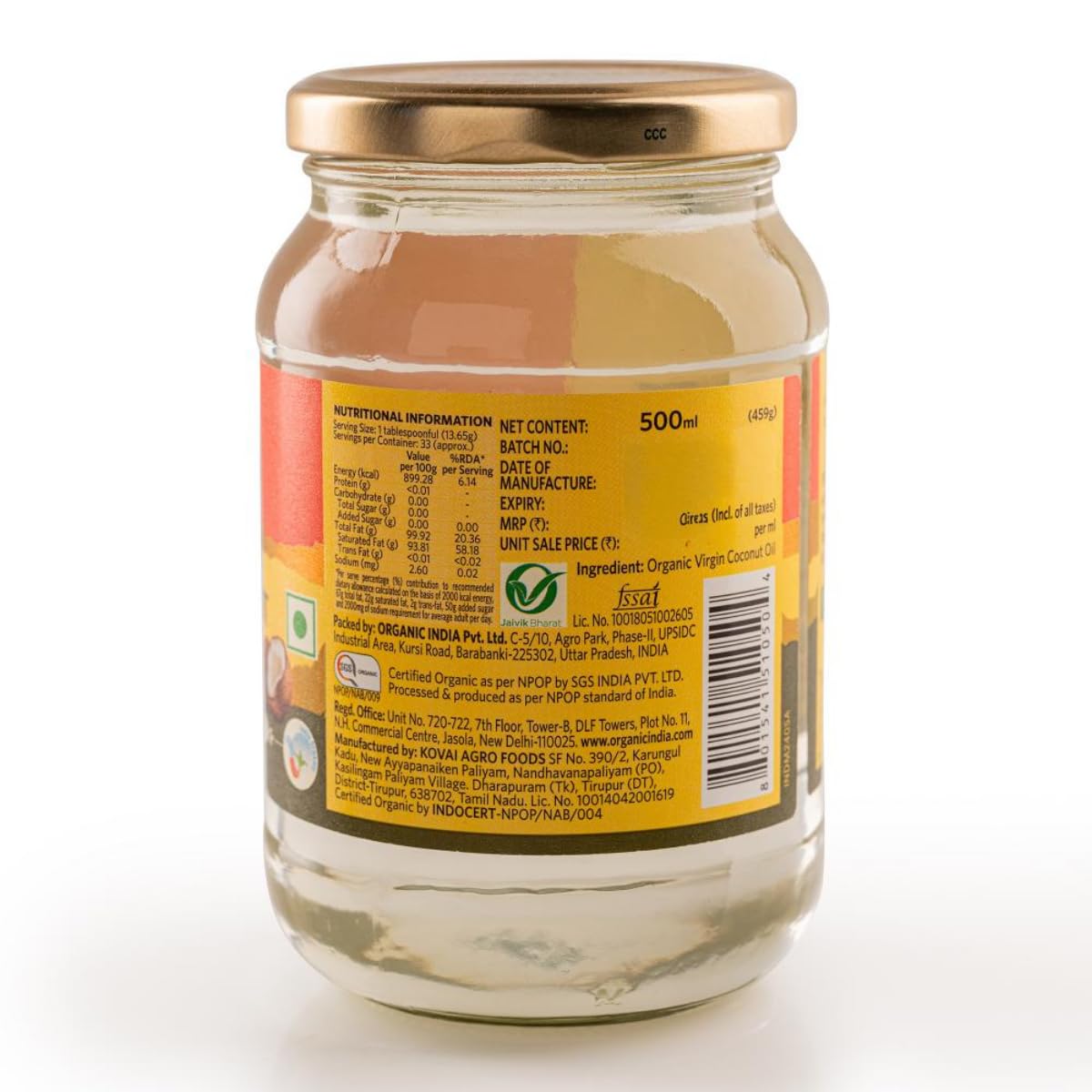 A TATA Product - Organic India Virgin Coconut Oil 500ml, Certified Organic, Lab Tested on 600+ Parameters, Cold Pressed, Extracted from Organically Grown Coconuts, Multipurpose Coconut Oil – view 8