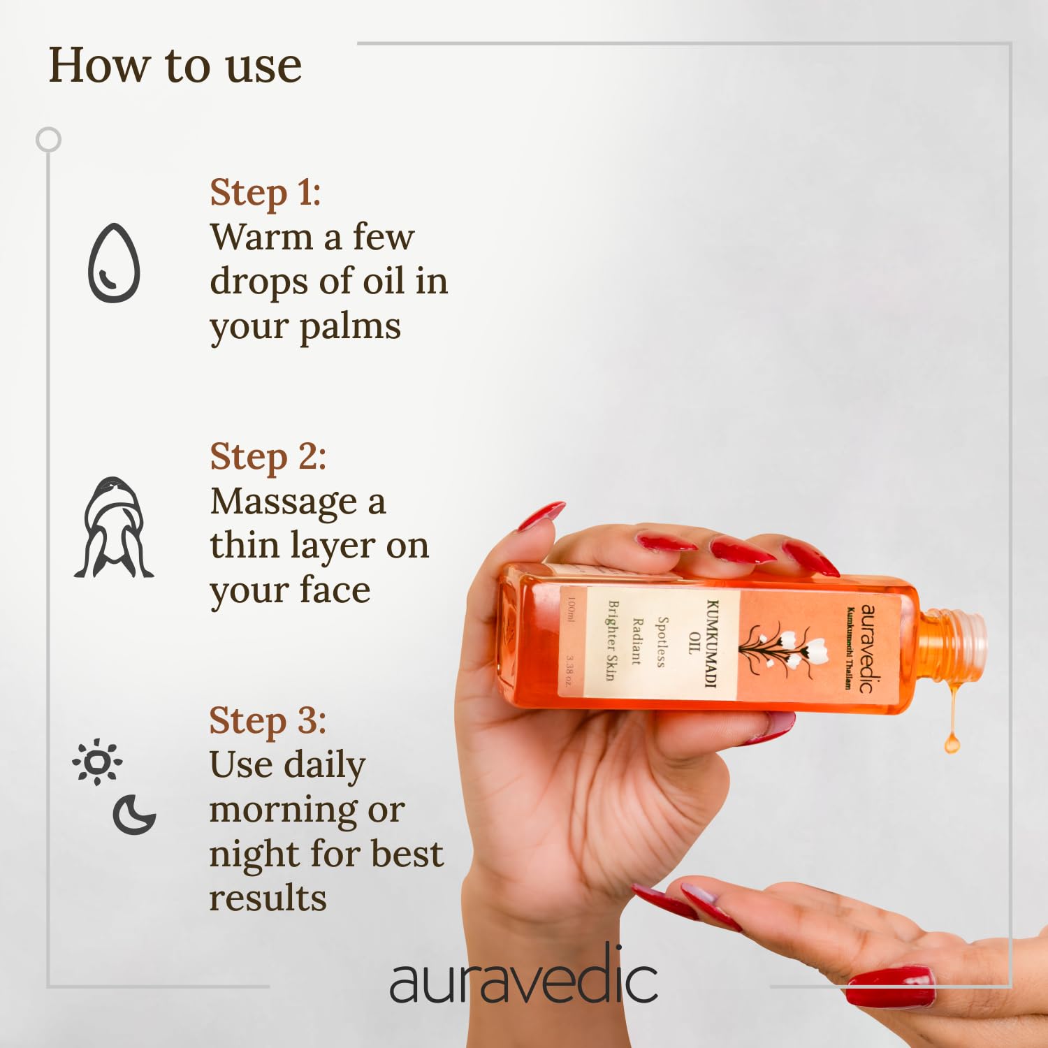 Auravedic Kumkumadi Oil For Face 100 Ml, Pack of 3, Kumkumadi Tailam Face Oil For Glowing Skin, Dark Spot Corrector Face Serum – view 8