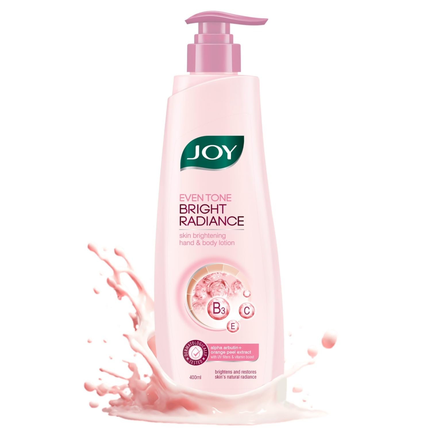 Front view of Joy brightening hand and body lotion bottle