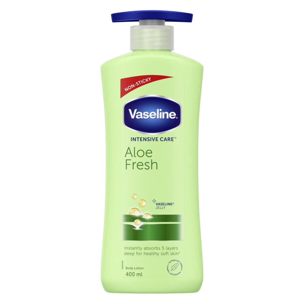 Vaseline Aloe Fresh body lotion bottle with aloe vera styling