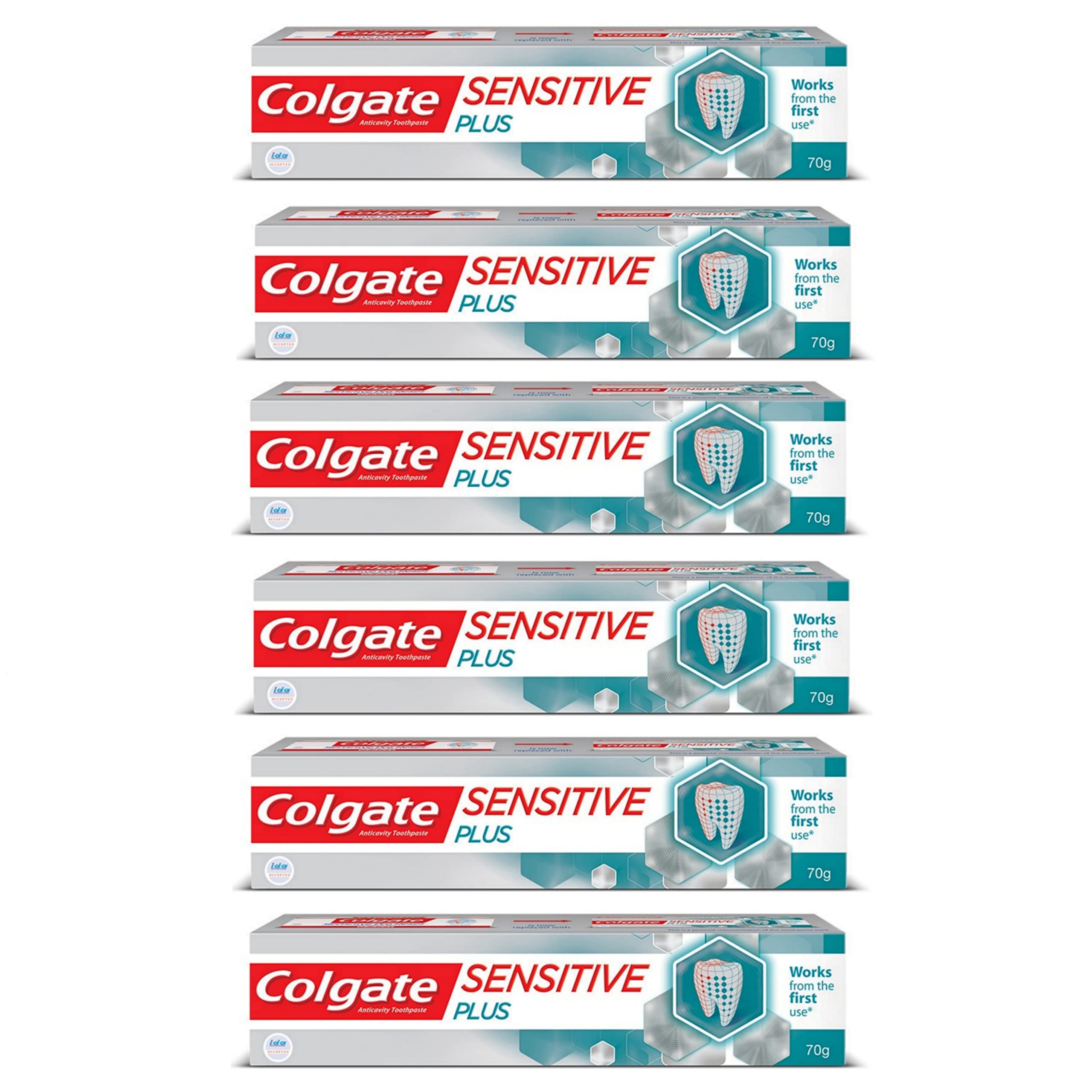 Six 70g tubes of Colgate Sensitive Plus mint toothpaste