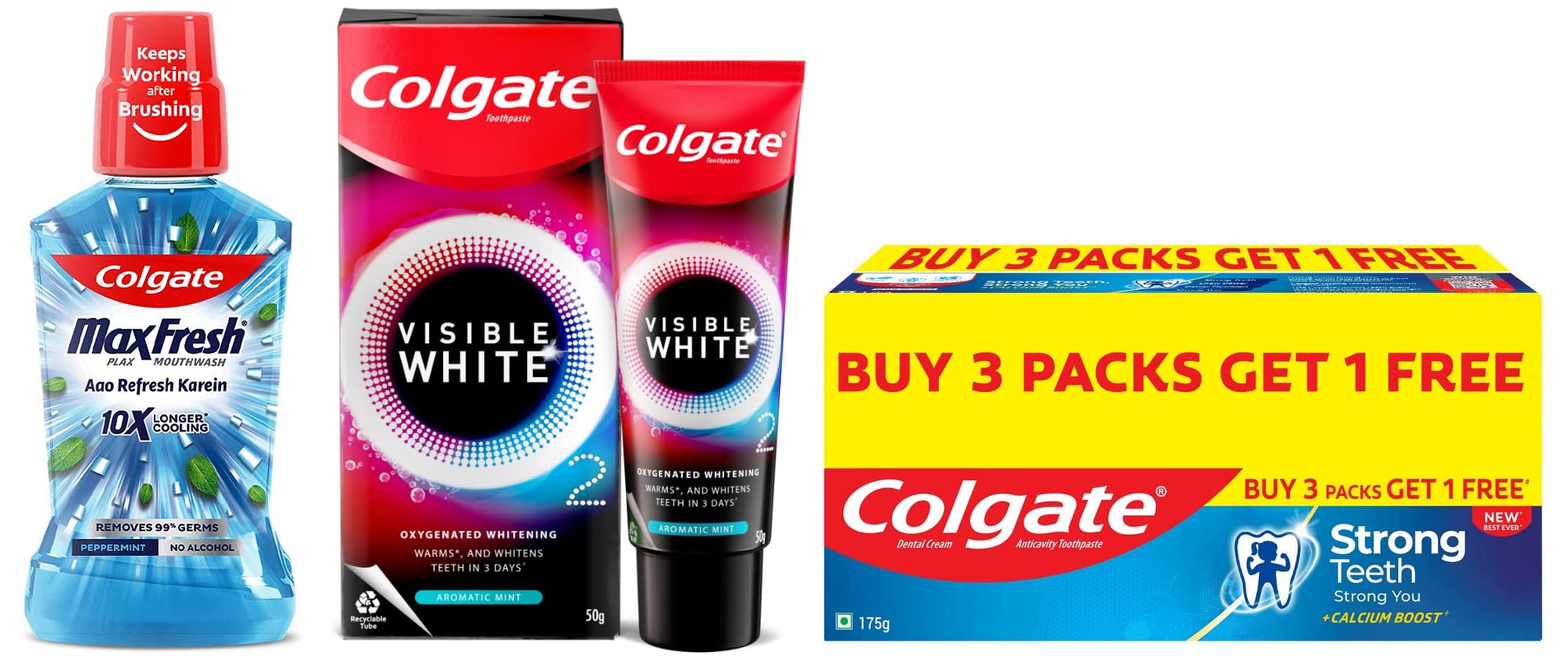 Colgate pepper mint mouthwash with whitening and strong teeth toothpaste