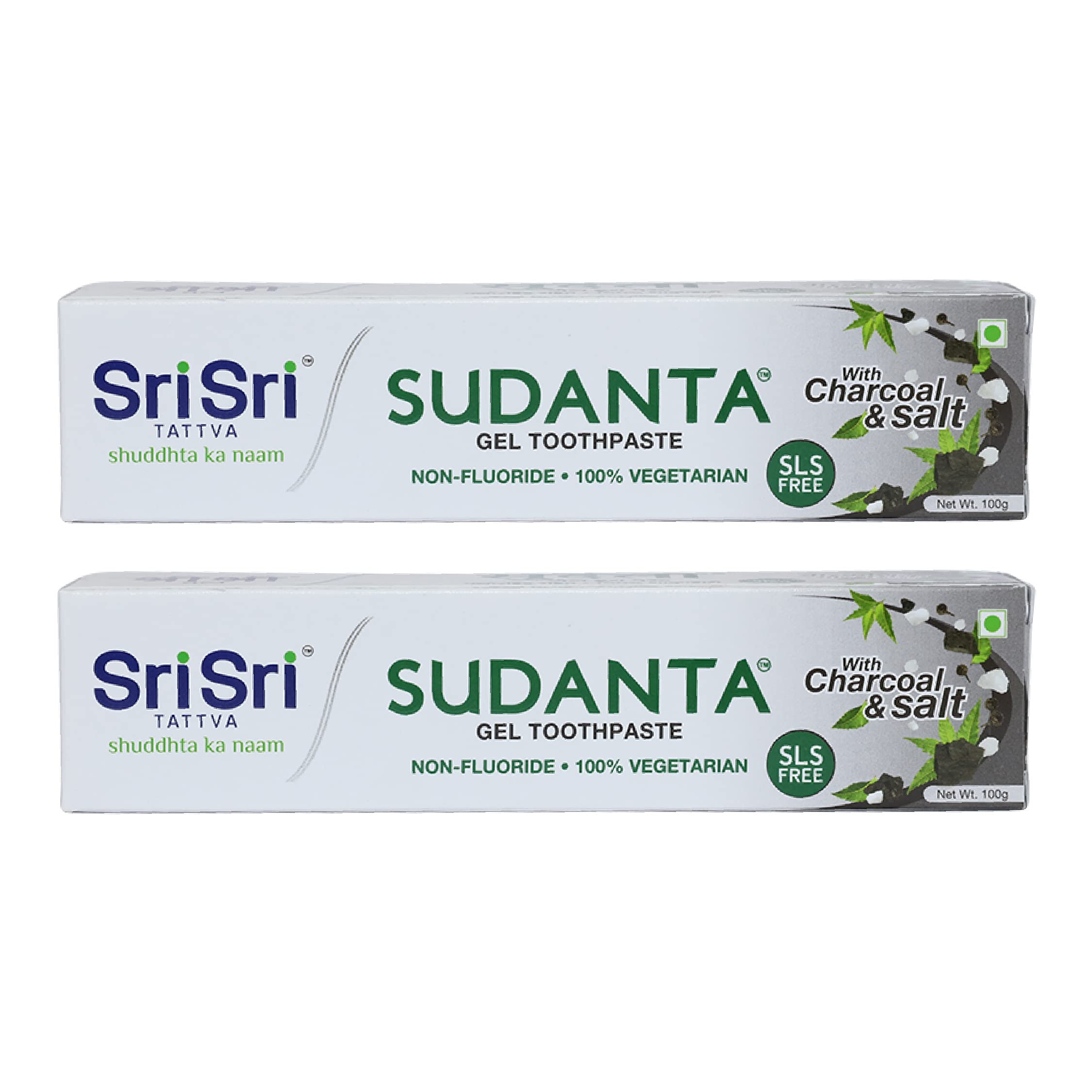 Two tubes of Sri Sri TATTVA Sudanta herbal gel toothpaste