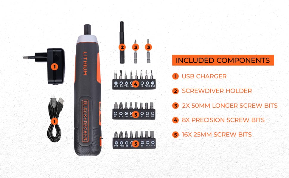 BLACK+DECKER BD40K27 4V 6.35mm Li-ion Cordless Screwdriver with E-Clutch and Intelligent Torque System with 2 LED Worklights & 27-Piece Accessories for Home & DIY Use, 1 Year Warranty, ORANGE & BLACK – view 4