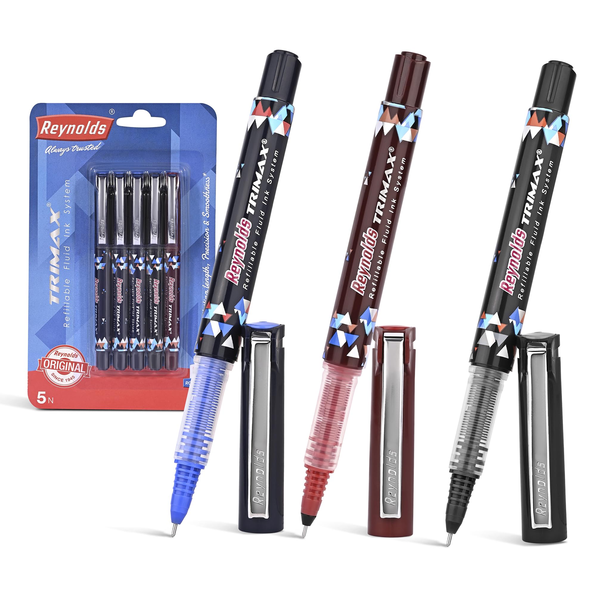 Five Reynolds Trimax rollerball pens in blue black and red