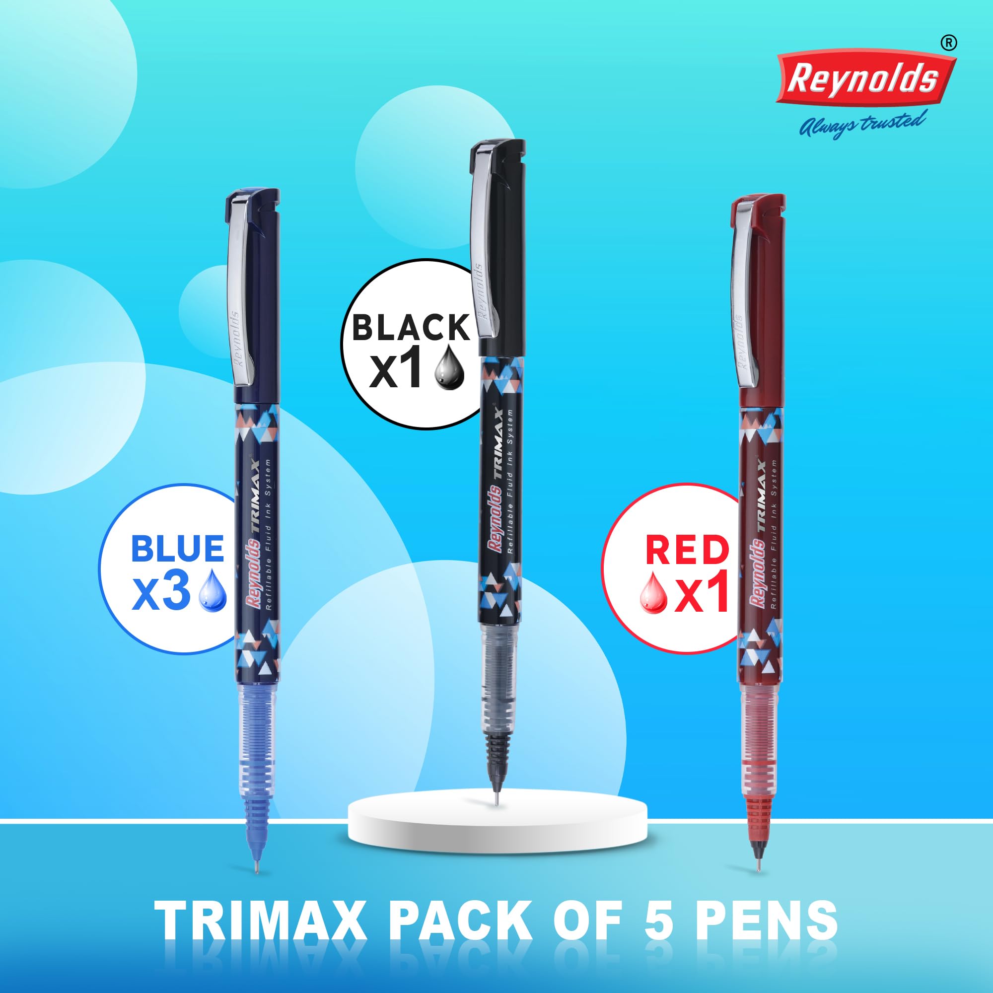 Reynolds TRIMAX RollerBall Pen SET - 5 PENS (3 BLUE 1 BLACK 1 RED) – view 4
