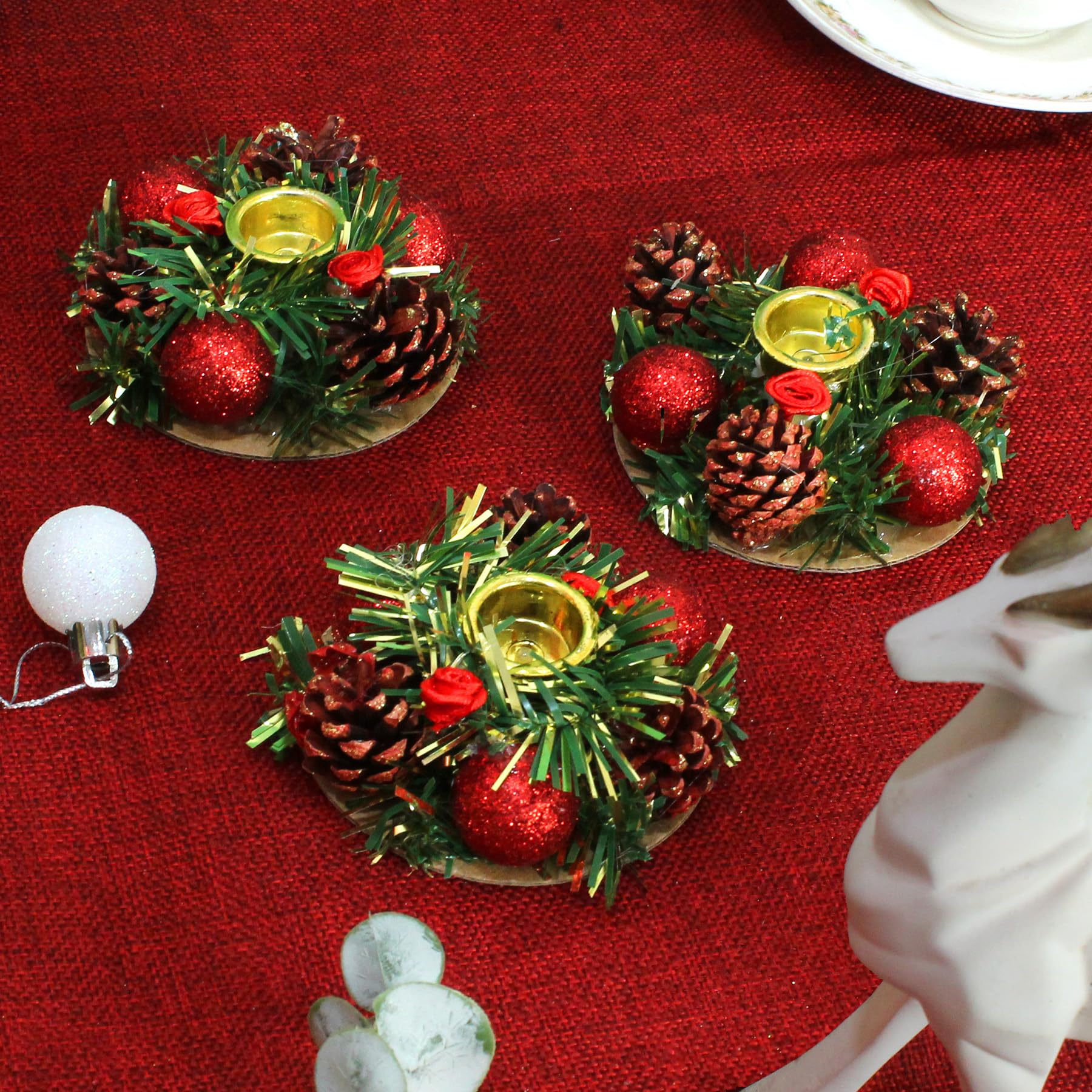 TIED RIBBONS Set of 3 Candle Holder Stand for Dining Table Indoor Outdoor Decoration Xmas Decor (Multi, 8.8 cm) - Christmas Decorations Items for Home Office Church Gifts Church Gifting – view 2
