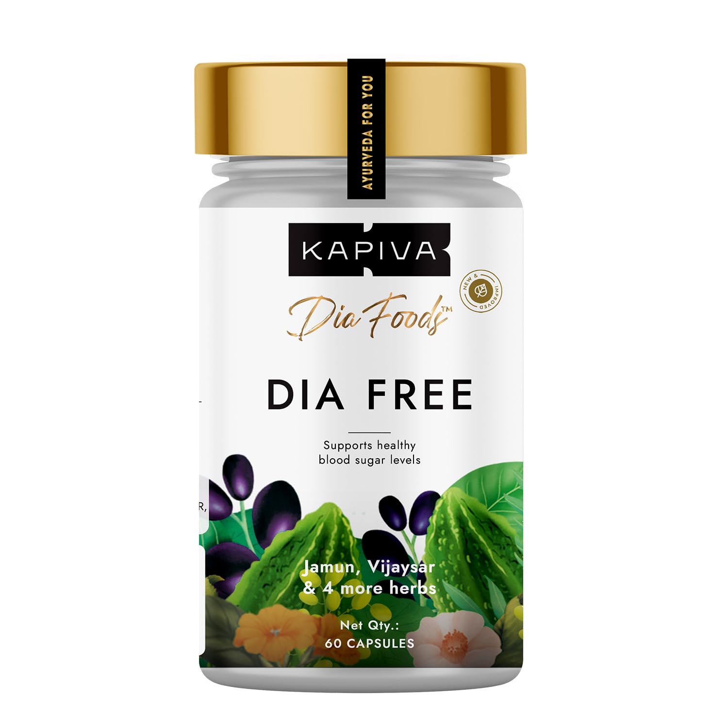 Kapiva Dia Free Capsules bottle for daily Ayurvedic blood sugar care