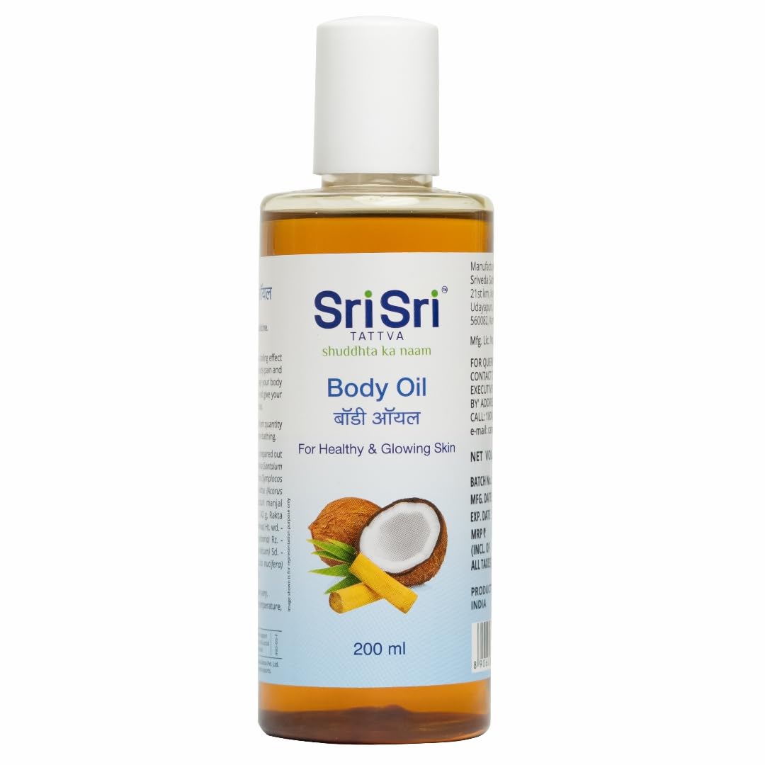 Front view of Sri Sri Tattva body oil 200 ml bottle