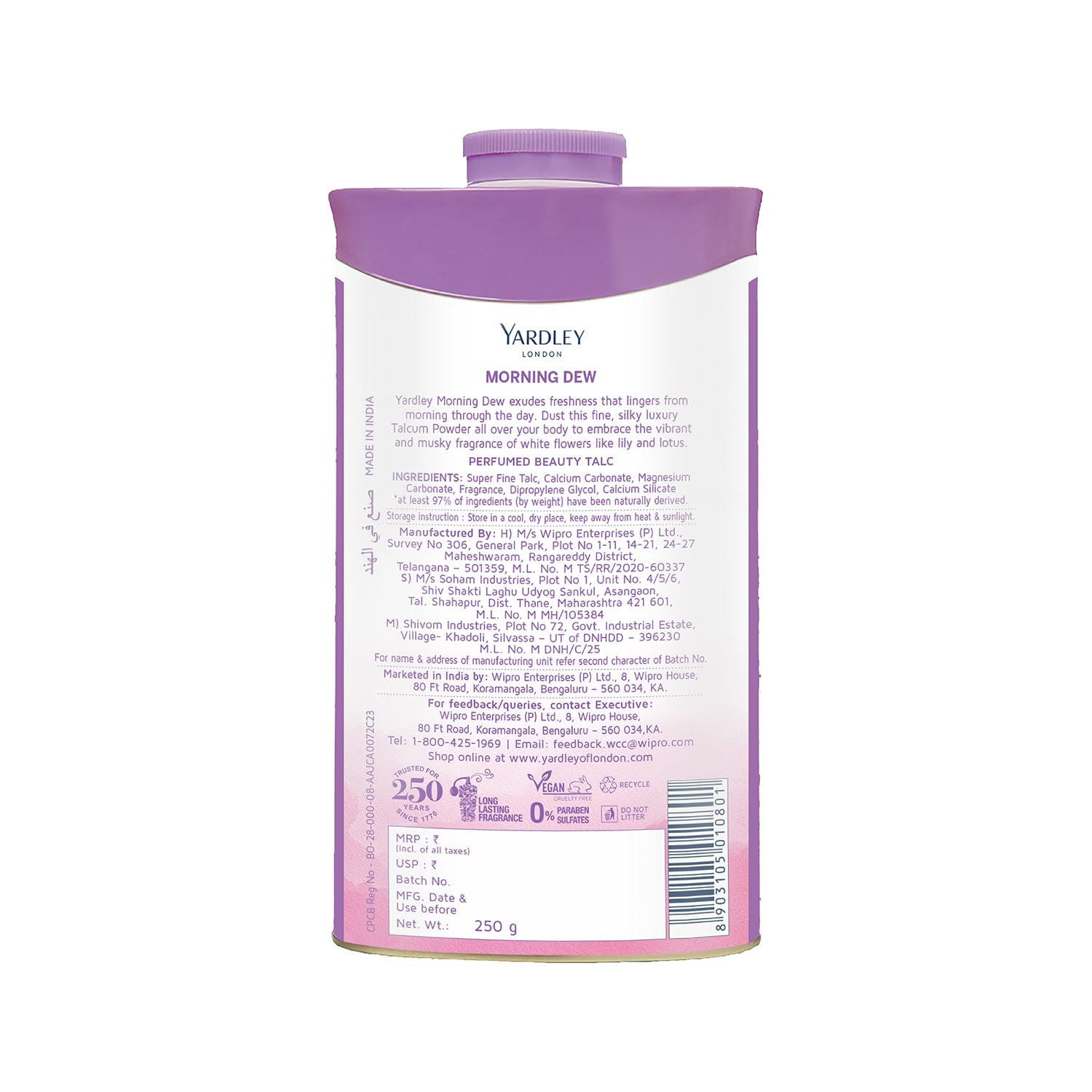 Yardley London Morning Dew Perfumed Talc Pwder for Women with Calcium Carbonate, Magnisium Carbonate, Fragrance, Dipropylene Glycol, Calcium Silicate, Triclosan, Pack of 1, 250g – view 4
