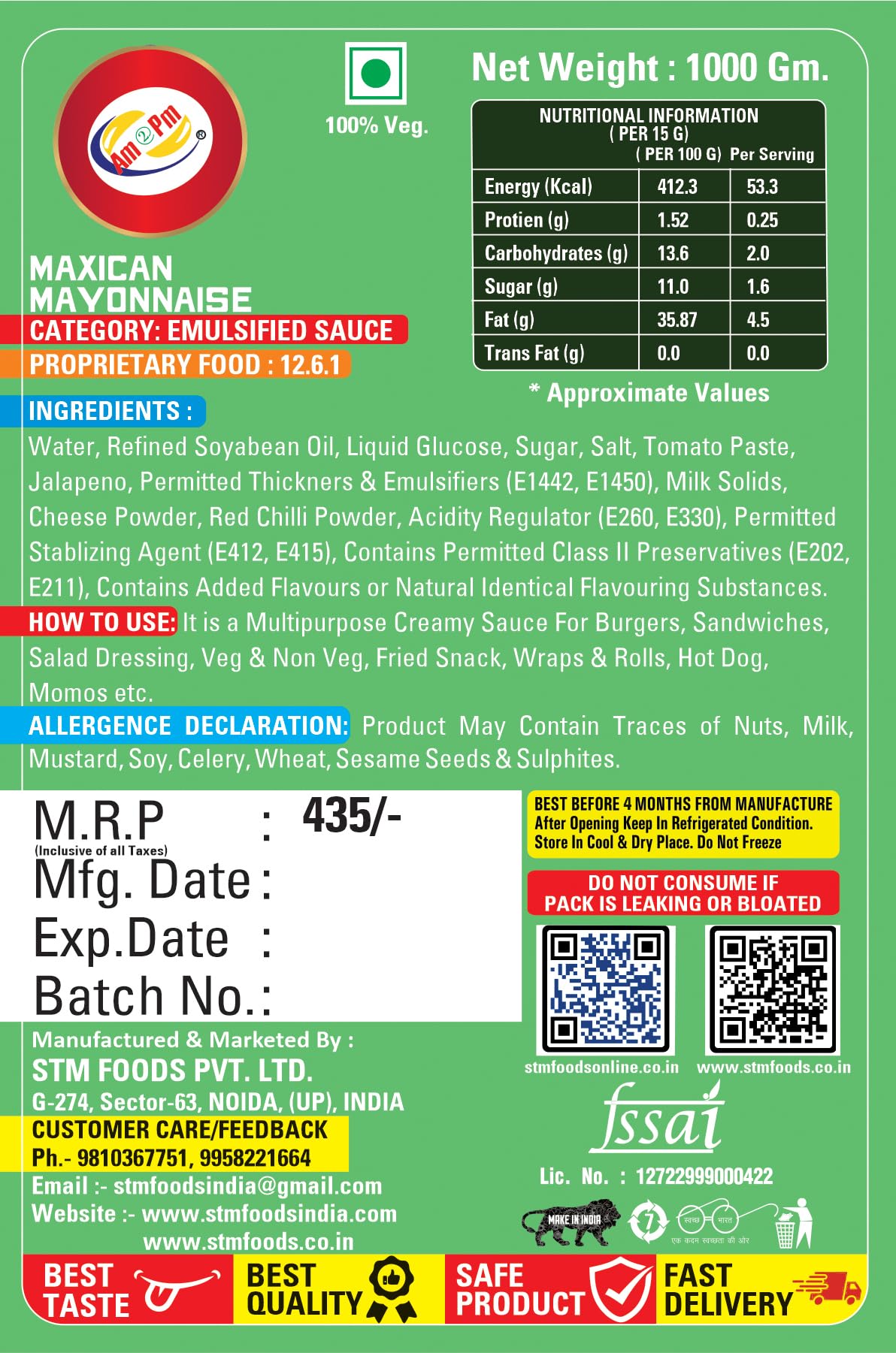 Am 2 Pm - Mexican Mayonnaise 1kg Multipurpose Creamy Sauce For Burgers, Sandwiches Salad Dressing,Veg Non Veg Fried Snack Wraps & Rolls Hot Dog Momos – view 3