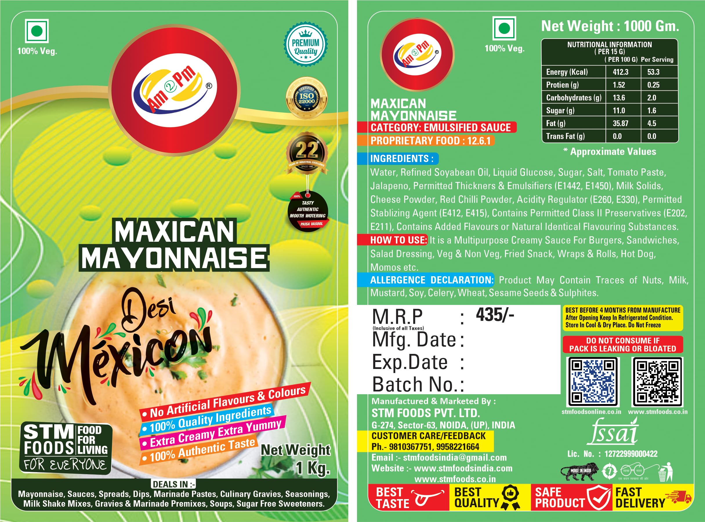 Am 2 Pm - Mexican Mayonnaise 1kg Multipurpose Creamy Sauce For Burgers, Sandwiches Salad Dressing,Veg Non Veg Fried Snack Wraps & Rolls Hot Dog Momos – view 6