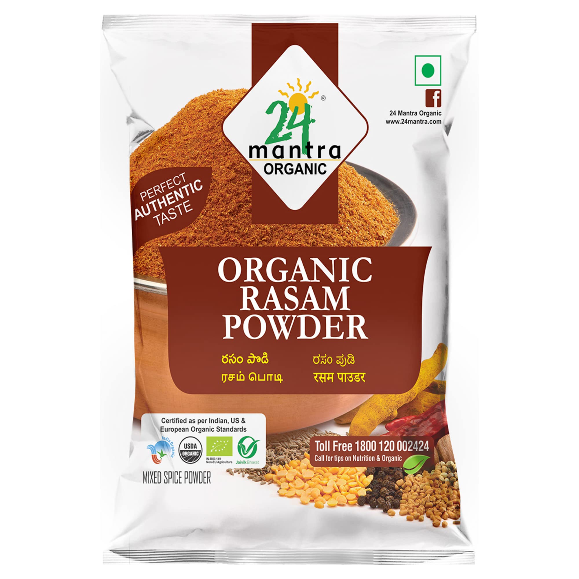 24 Mantra rasam powder packet showing 100 g organic spice blend