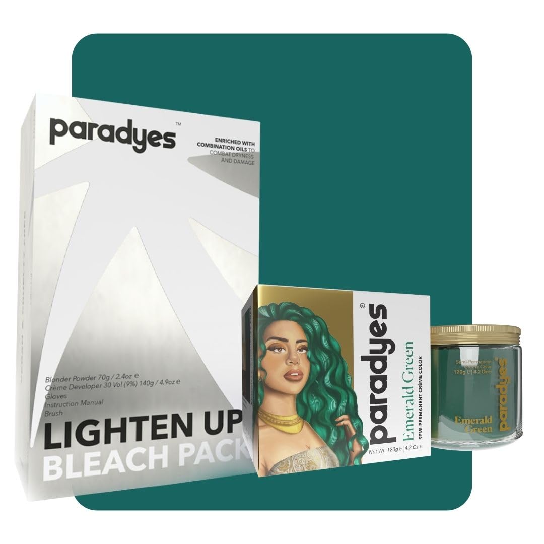 Boxed emerald green hair dye and 30 Vol bleach kit