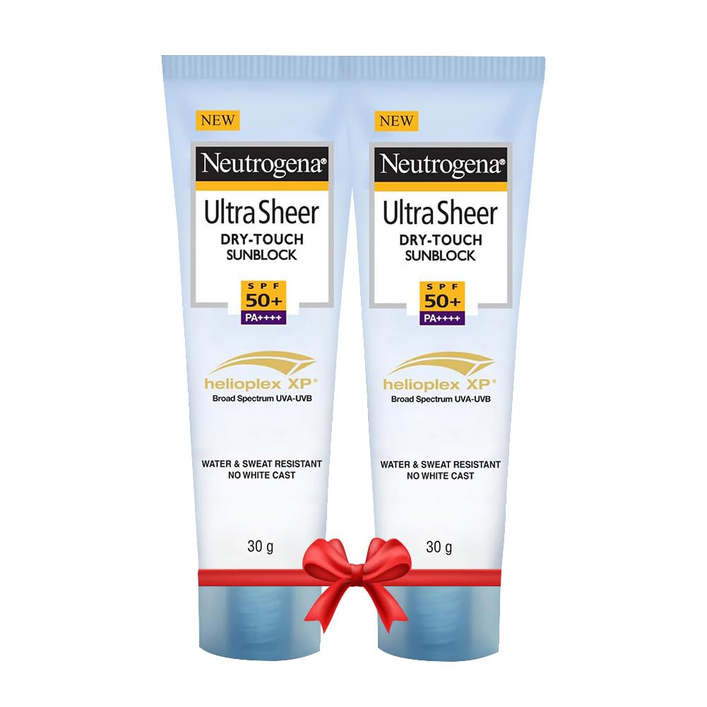 Two Neutrogena Ultra Sheer SPF 50+ sunscreen tubes front view