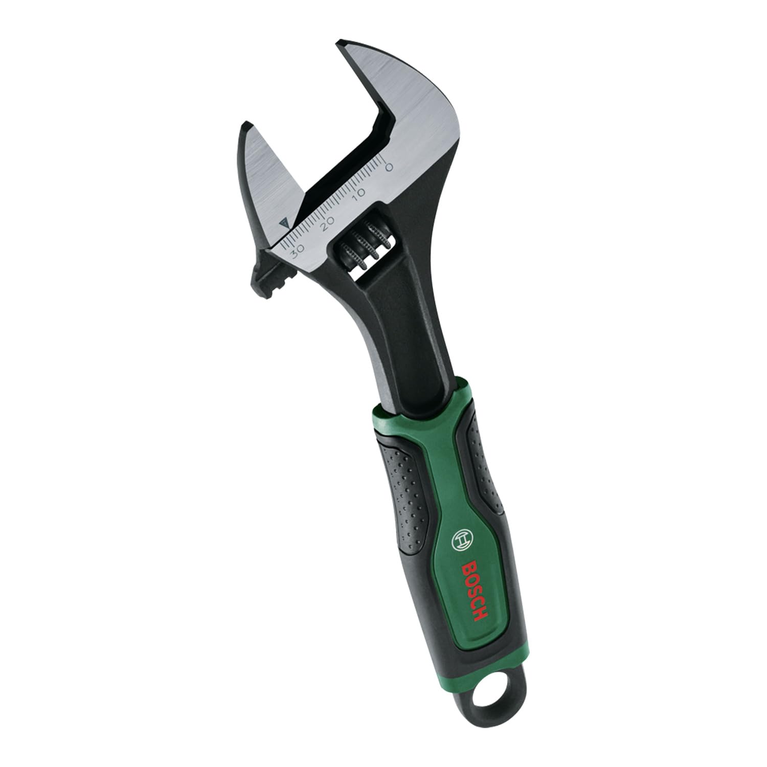 Bosch carbon steel adjustable wrench with black and green handle
