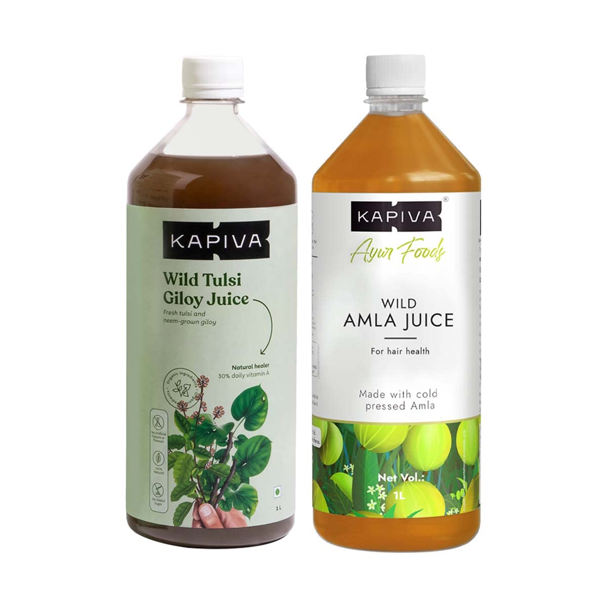 Two Kapiva herbal juice bottles Tulsi Giloy and Wild Amla